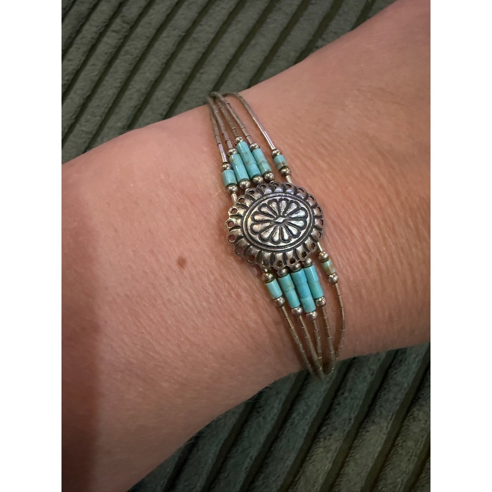 Sterling Liquid Silver Turquoise Southwestern Style Multi Strand Bracelet SM 925